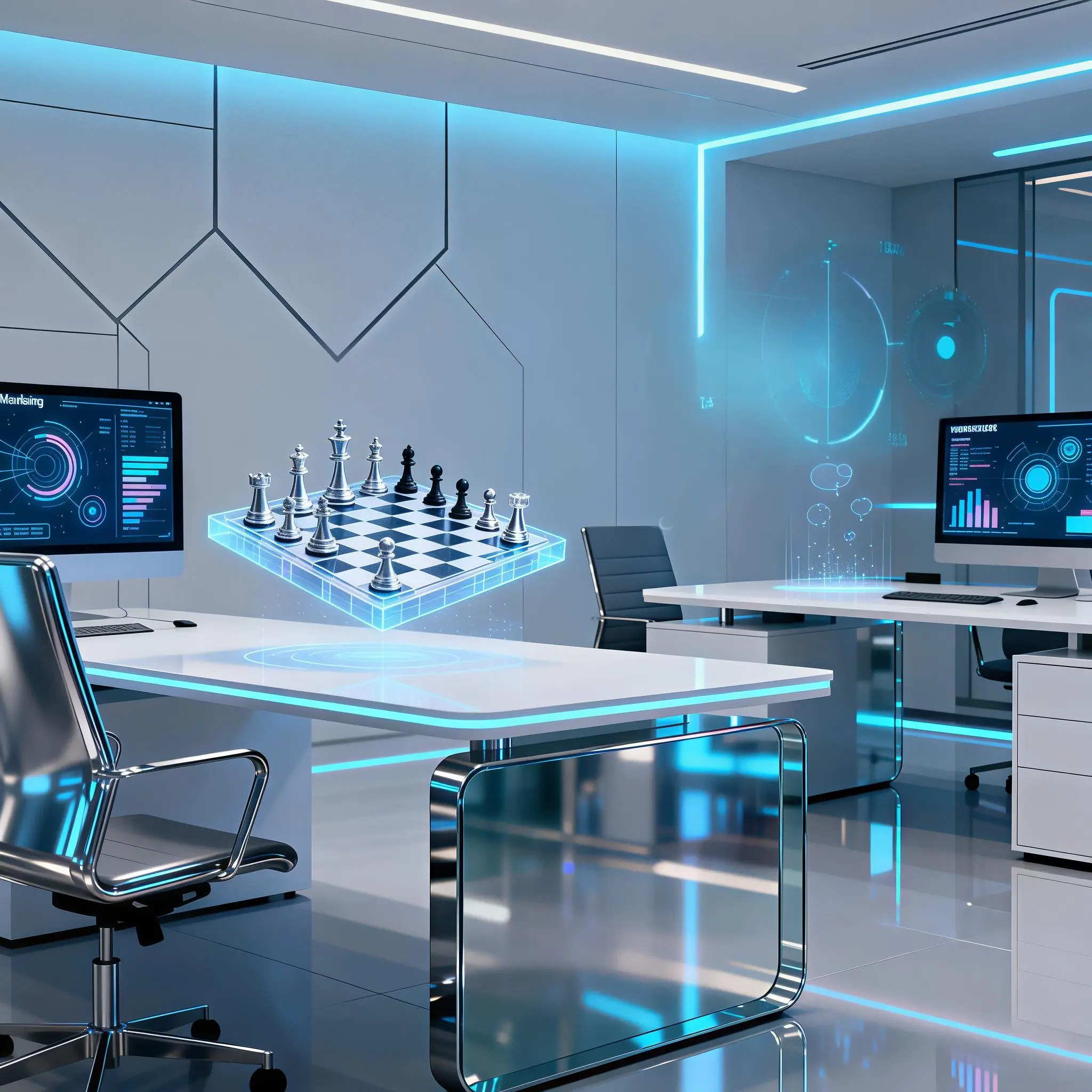 Futuristisches Büro mit schwebendem Schachbrett und Technologie