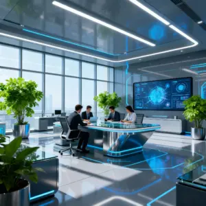 Modernes Büro mit Mitarbeitern und Technologie Displays