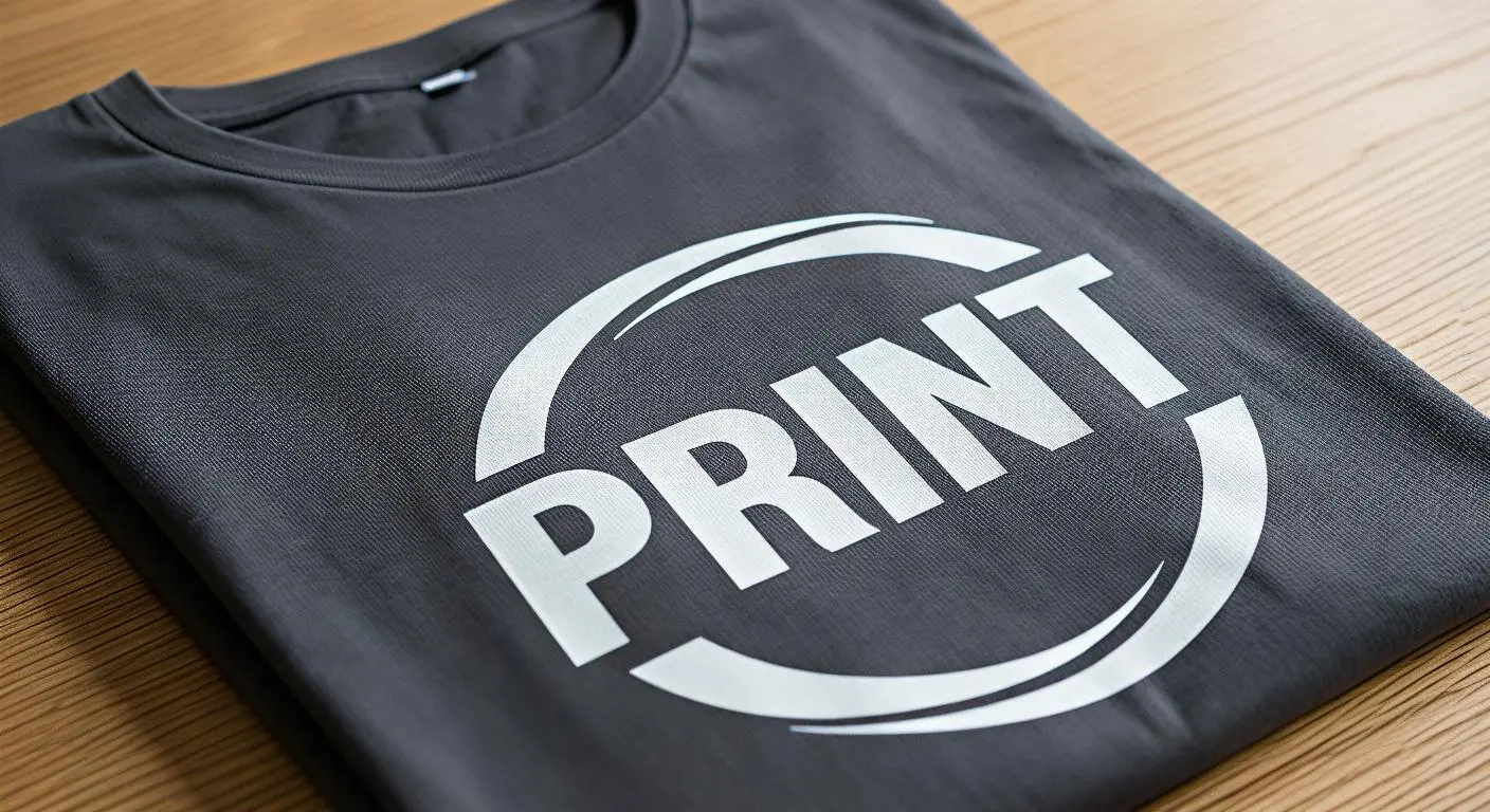 Graues T-Shirt mit großem Printdruck-Logo auf Tisch