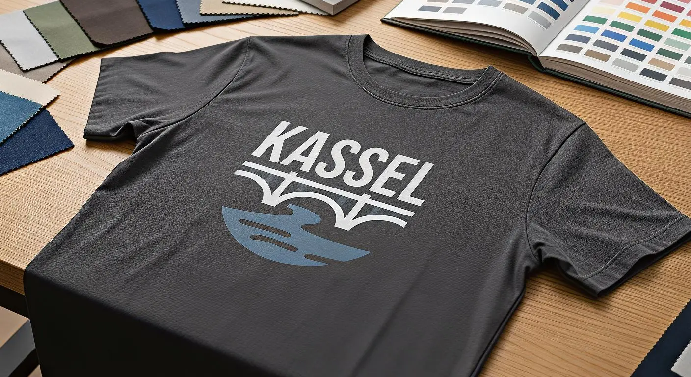 Graues Kassel T-Shirt auf Holztisch mit Stoffmustern