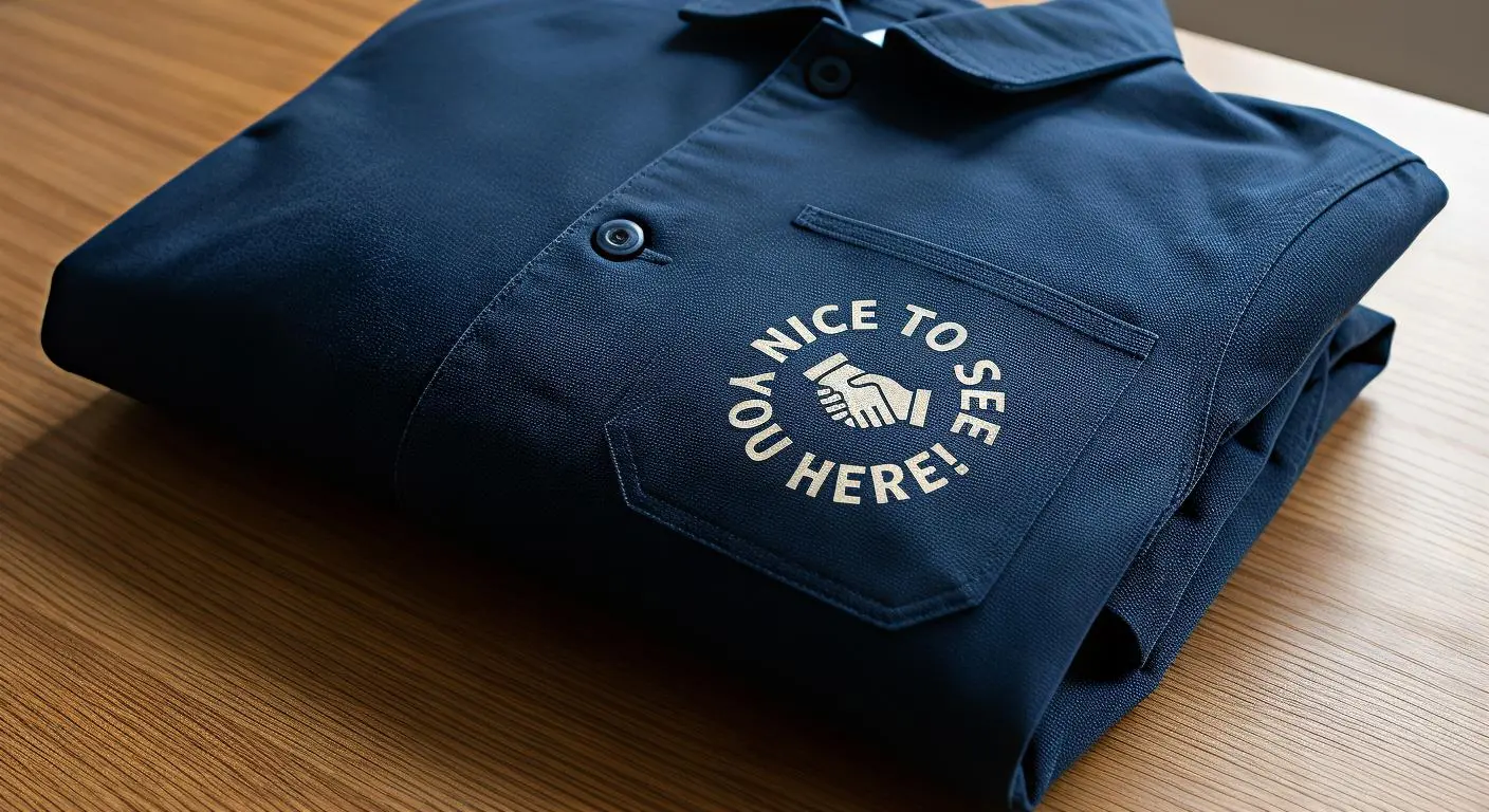 Dunkelblaues Hemd mit Willkommensgruß auf Holztisch